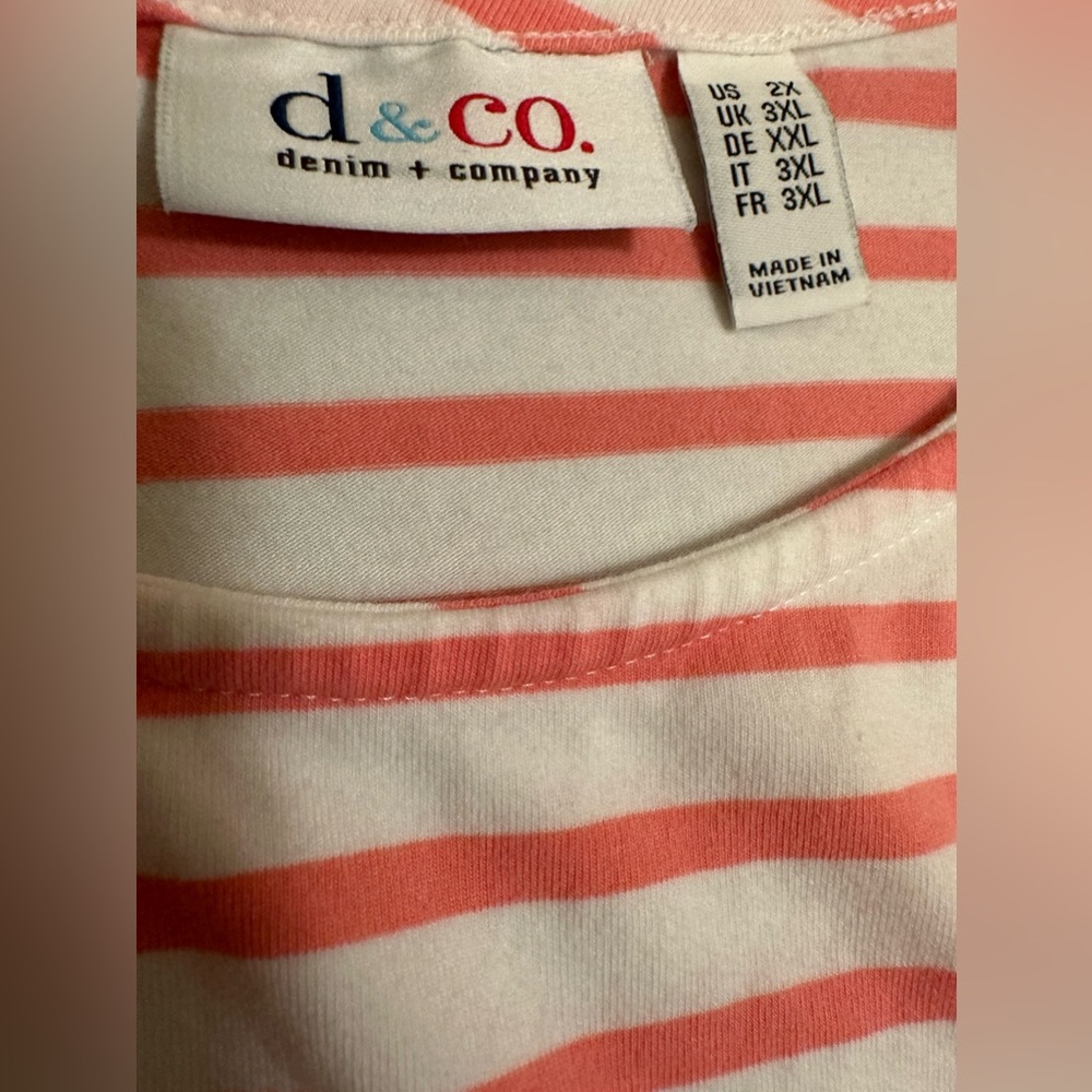 Denim & Co. Top Women’s Size 2X Striped Pink/ White 3/4 Sleeve With Lace Trim - Picture 5 of 7